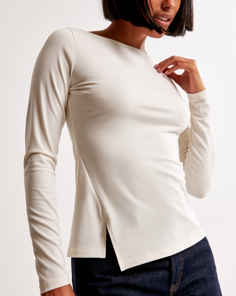 Long-Sleeve Asymmetrical Hem Slash Top