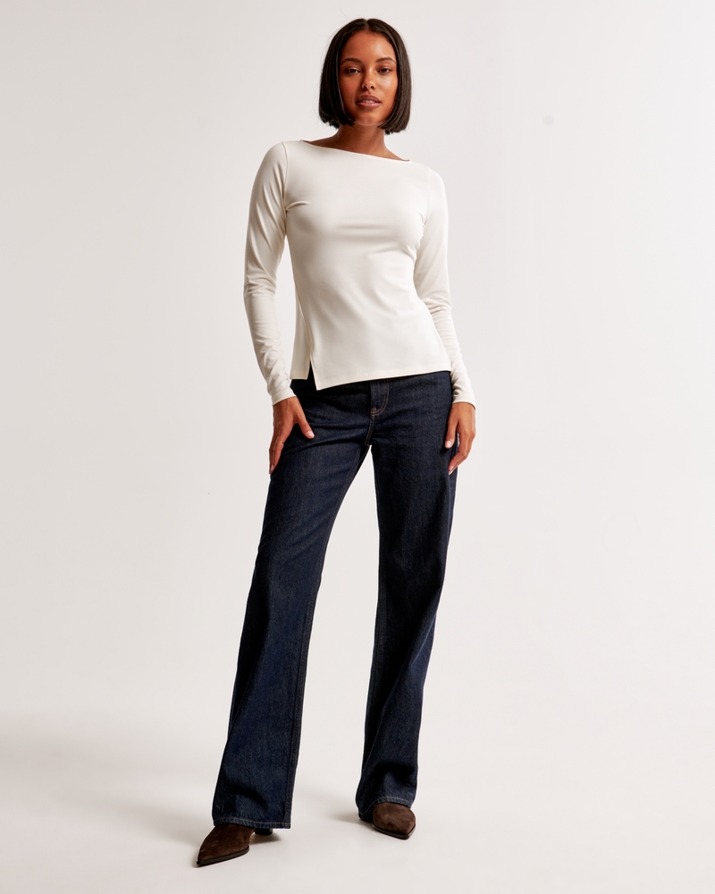 Long-Sleeve Asymmetrical Hem Slash Top
