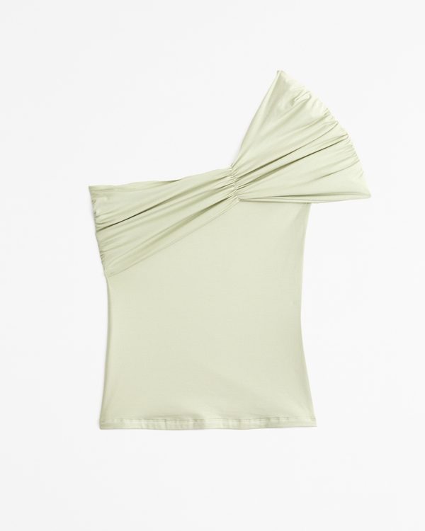 One-Shoulder Cotton-Modal Ruched Top, Green