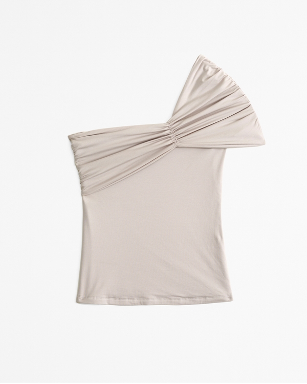 One-Shoulder Cotton-Modal Ruched Top, Ash