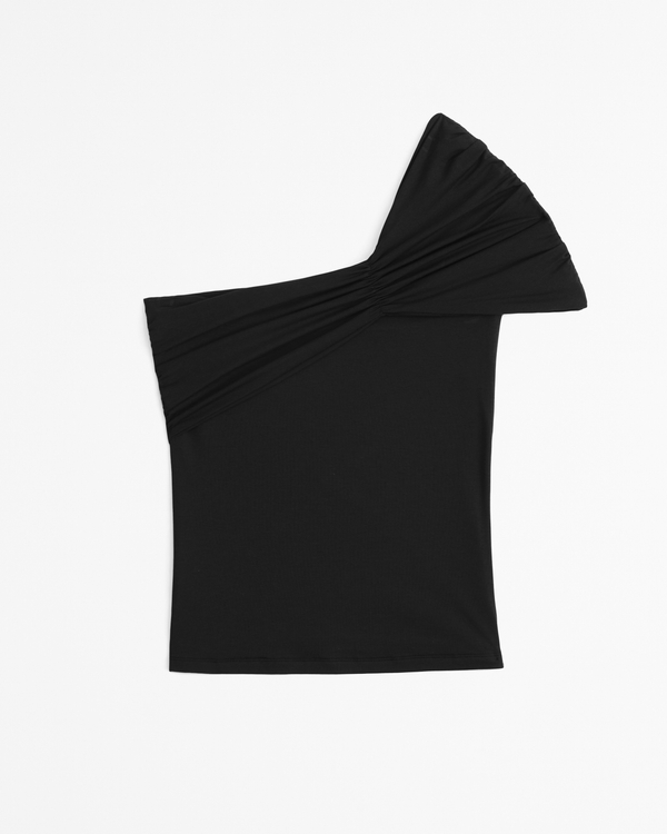 One-Shoulder Cotton-Modal Ruched Top, Black