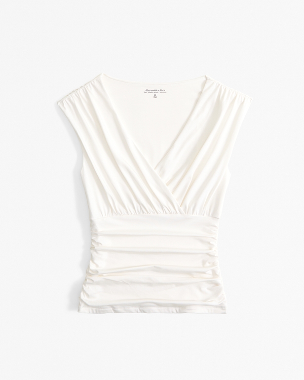 Short-Sleeve Grown-Over V-Neck Top, Cream