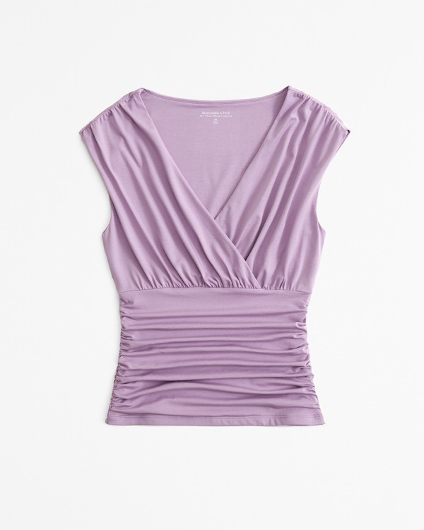 Short-Sleeve Grown-Over V-Neck Top, Purple