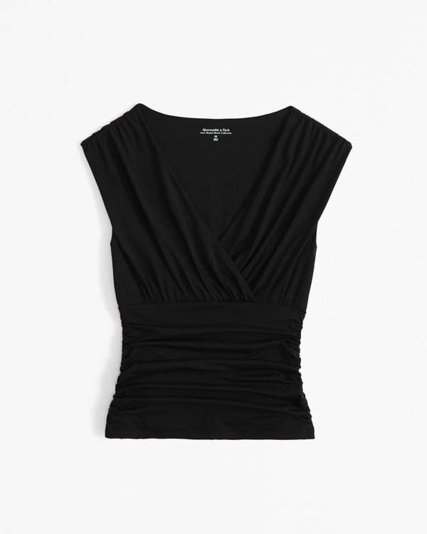 Short-Sleeve Grown-Over V-Neck Top, Black