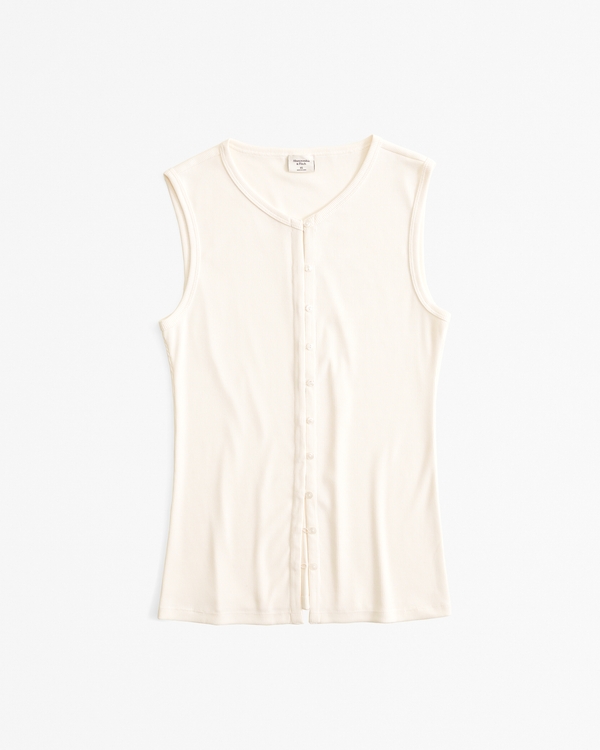 Powdered Rib Button-Through Long-Length Top, Cream