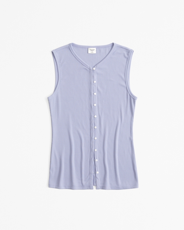 Powdered Rib Button-Through Long-Length Top, Blue