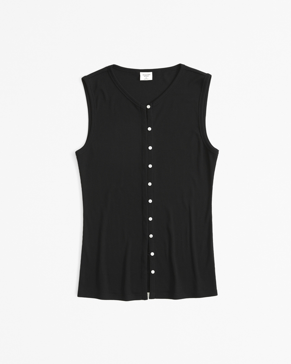 Powdered Rib Button-Through Long-Length Top, Black