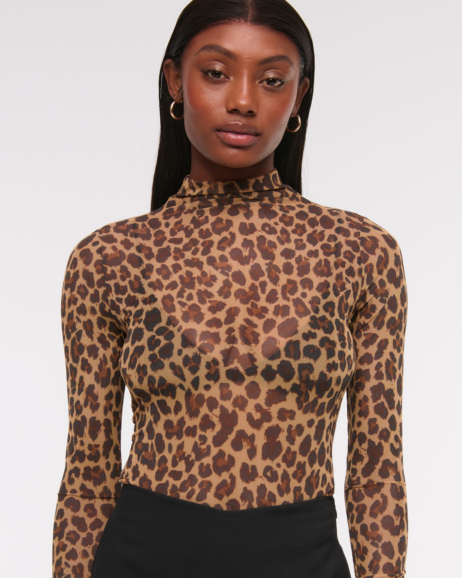 Long-Sleeve Mesh Mockneck Top