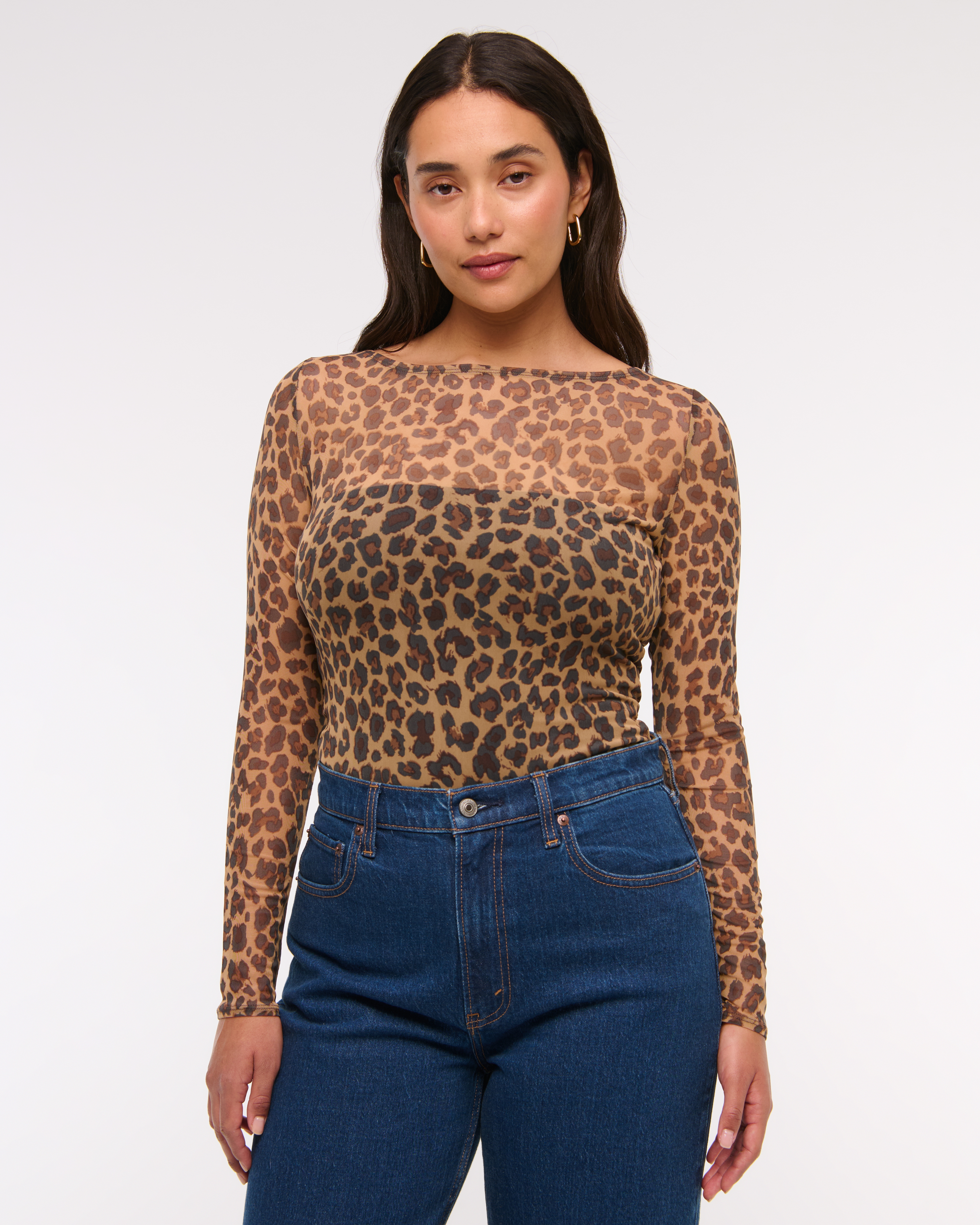 Abercrombie & Fitch Long-sleeve Mesh Slash Bodysuit In Brown