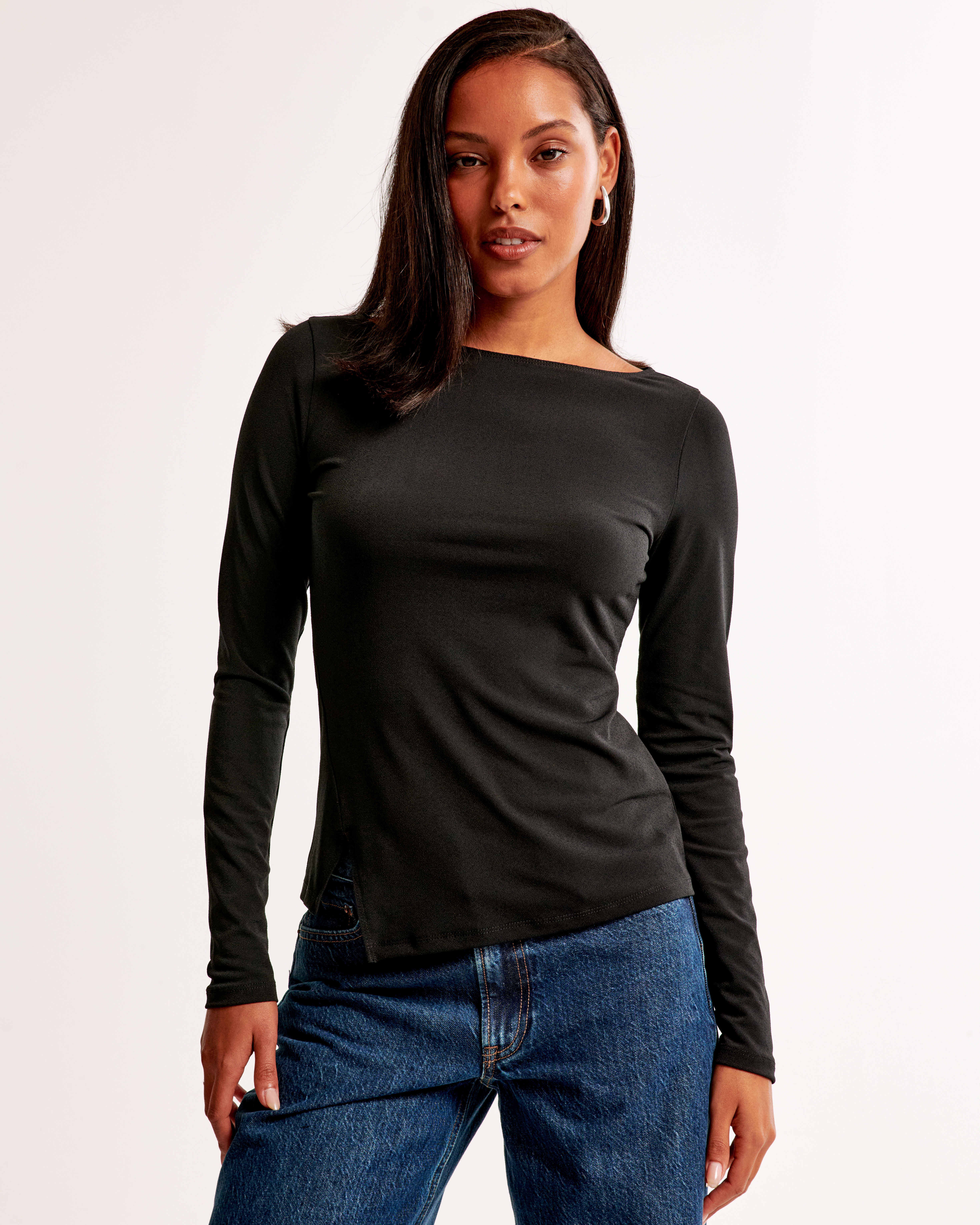 Women's Long-Sleeve Stretch Crepe Asymmetrical Hem Top