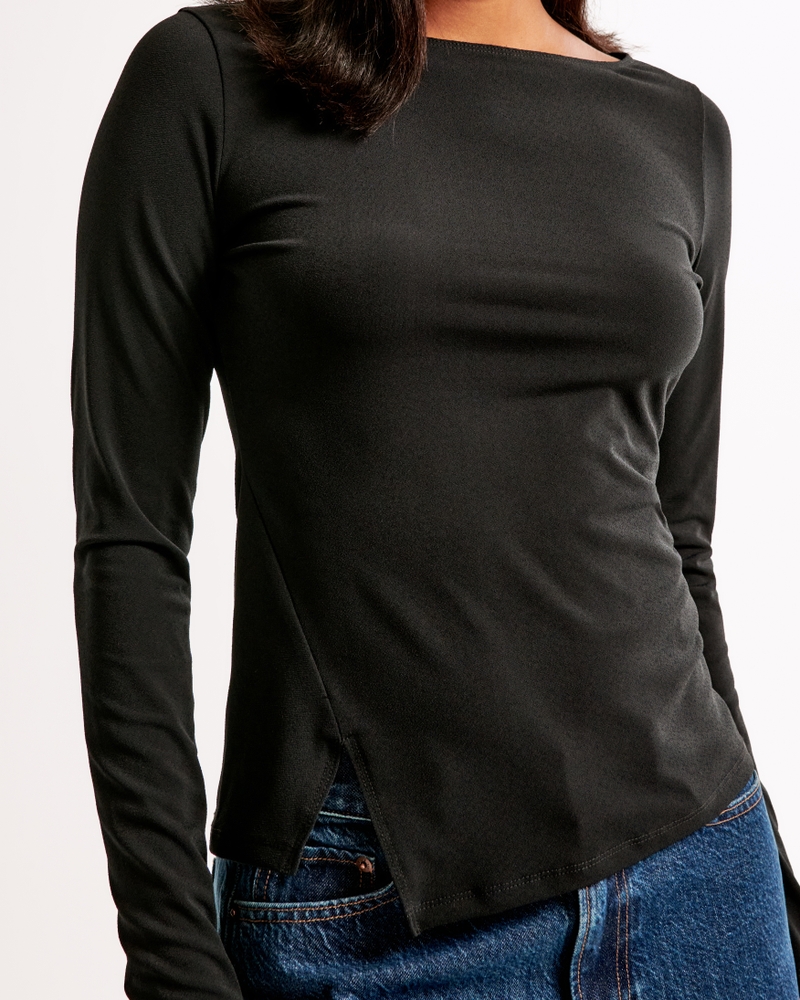 Long-Sleeve Stretch Crepe Asymmetrical Hem Top