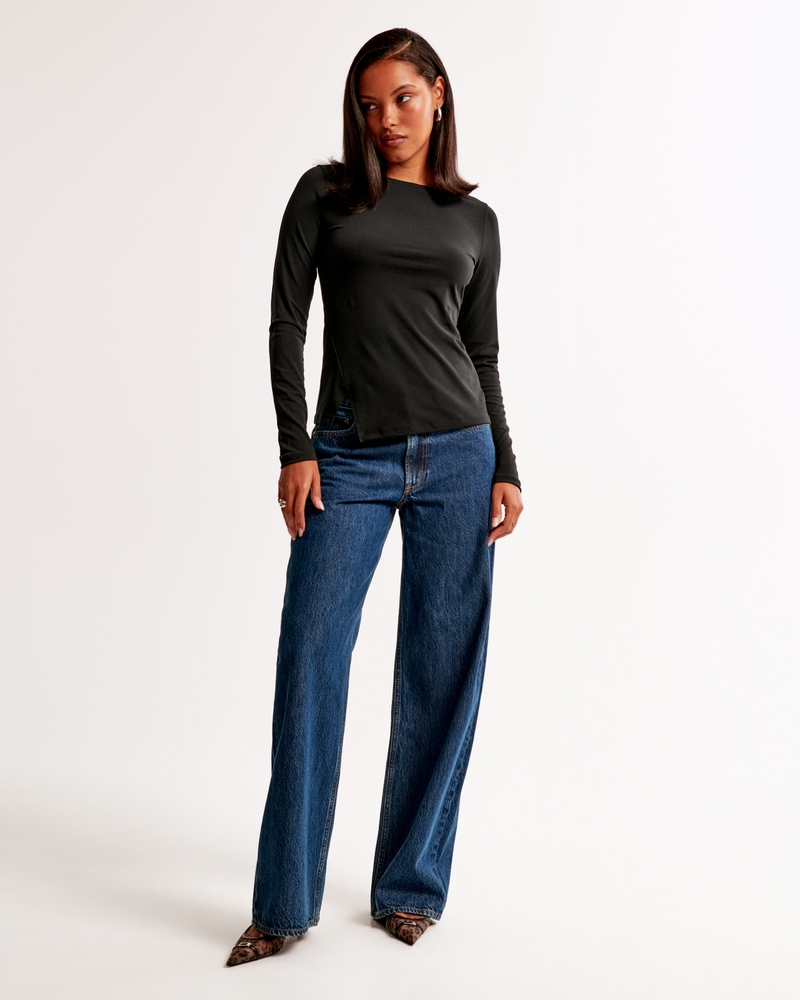 Long-Sleeve Stretch Crepe Asymmetrical Hem Top