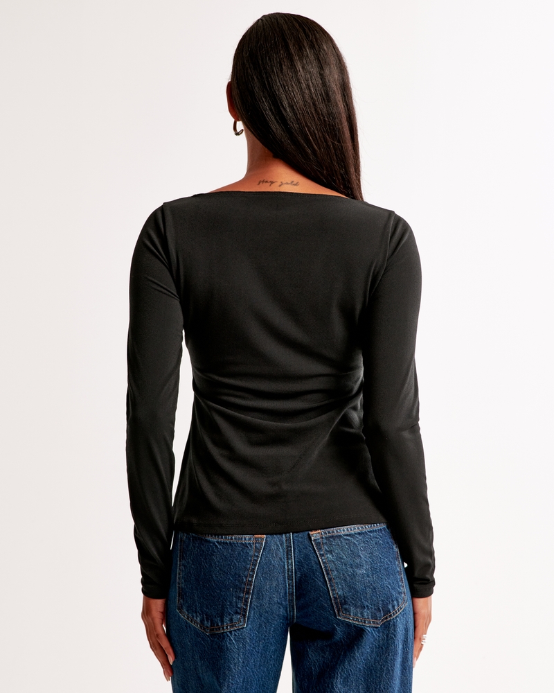 Long-Sleeve Stretch Crepe Asymmetrical Hem Top