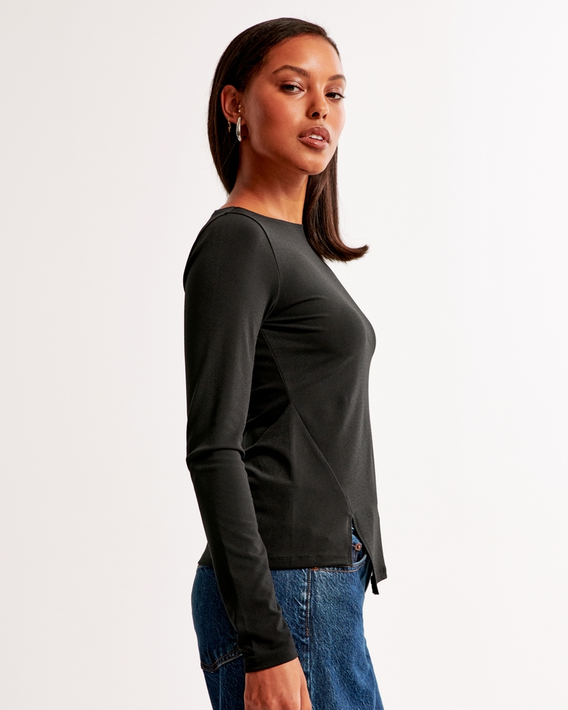 Long-Sleeve Stretch Crepe Asymmetrical Hem Top