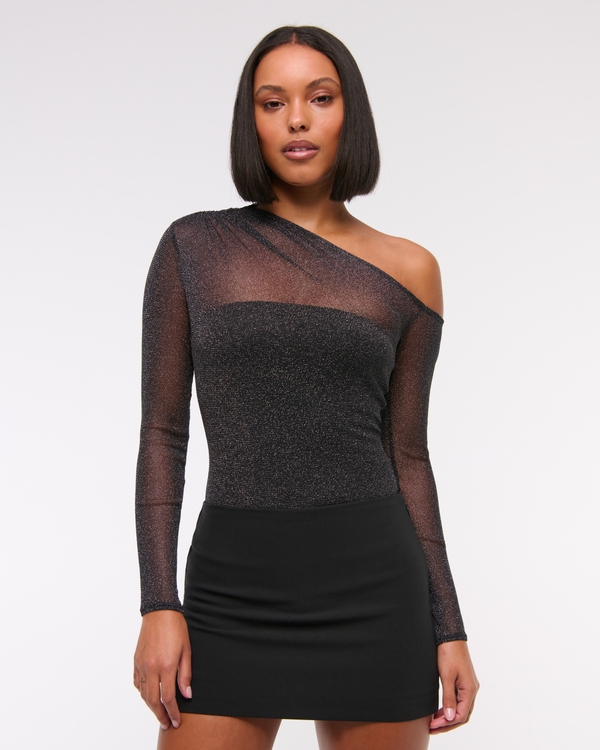 Long-Sleeve Asymmetrical Draped Mesh Bodysuit, Black Shimmer