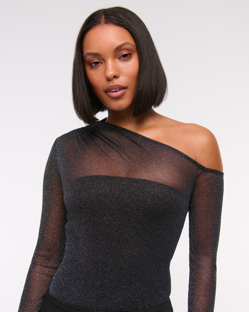 Long-Sleeve Asymmetrical Draped Mesh Bodysuit