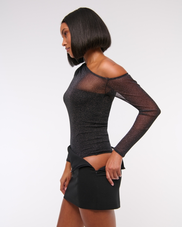 Long-Sleeve Asymmetrical Draped Mesh Bodysuit
