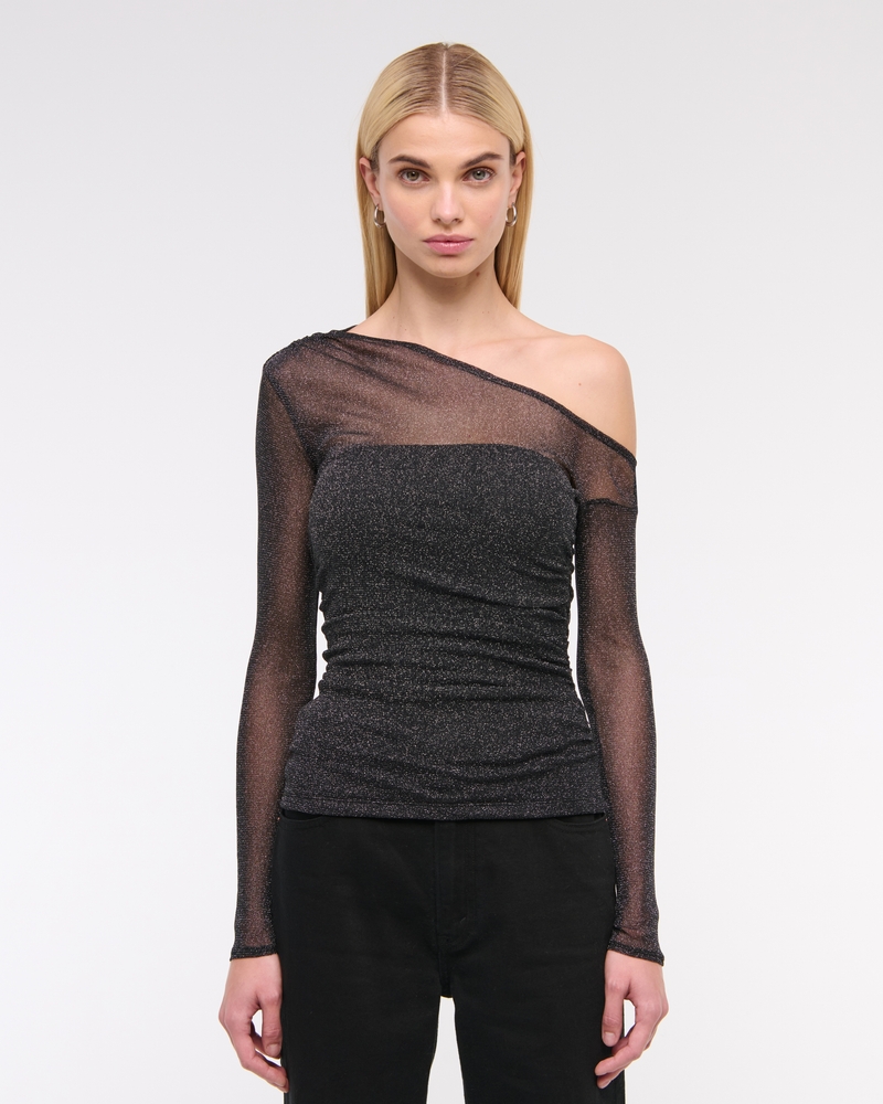 Long-Sleeve Asymmetrical Draped Mesh Top