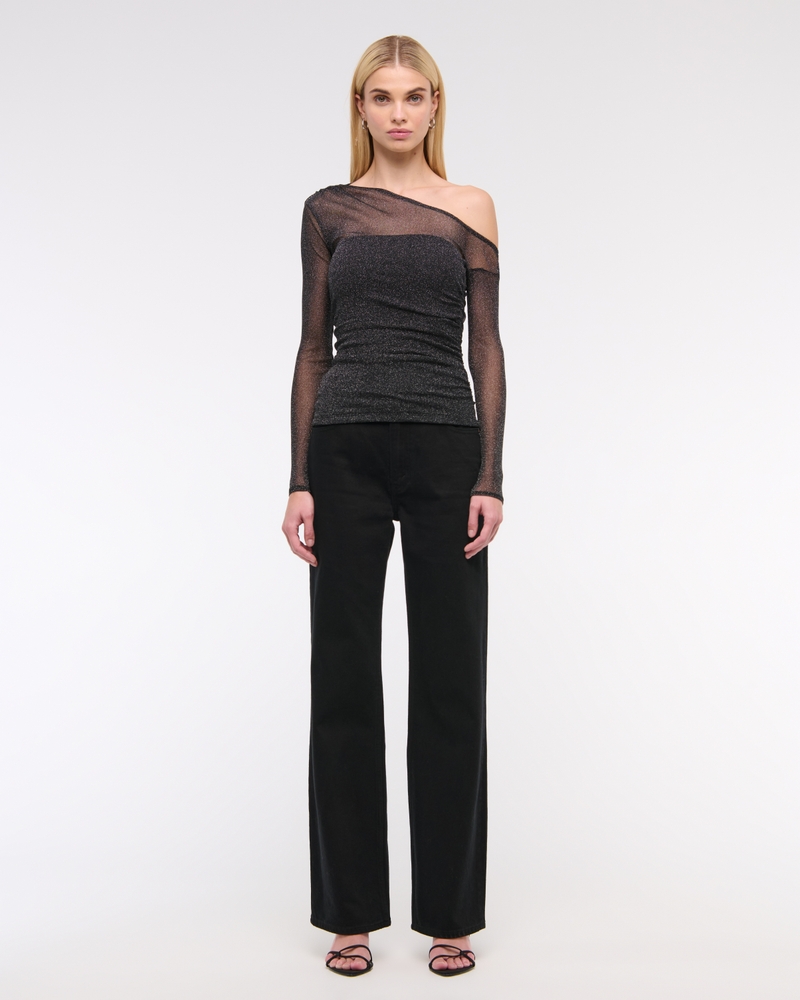 Long-Sleeve Asymmetrical Draped Mesh Top