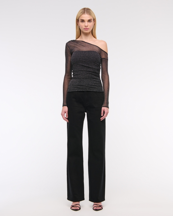Long-Sleeve Asymmetrical Draped Mesh Top