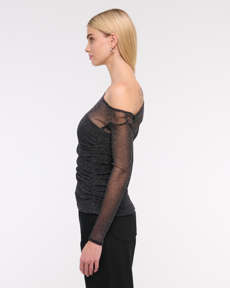 Long-Sleeve Asymmetrical Draped Mesh Top
