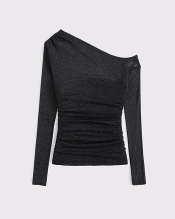 Long-Sleeve Asymmetrical Draped Mesh Top