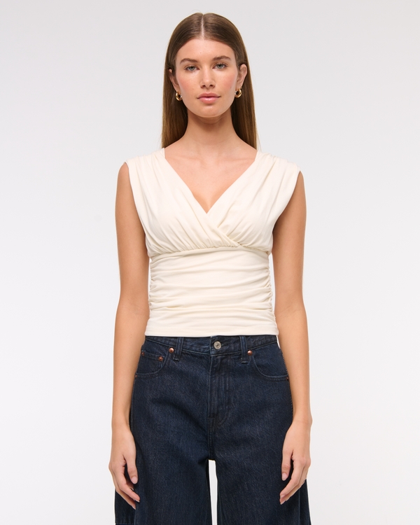 Ruched V-Neck Top, Cream view 2