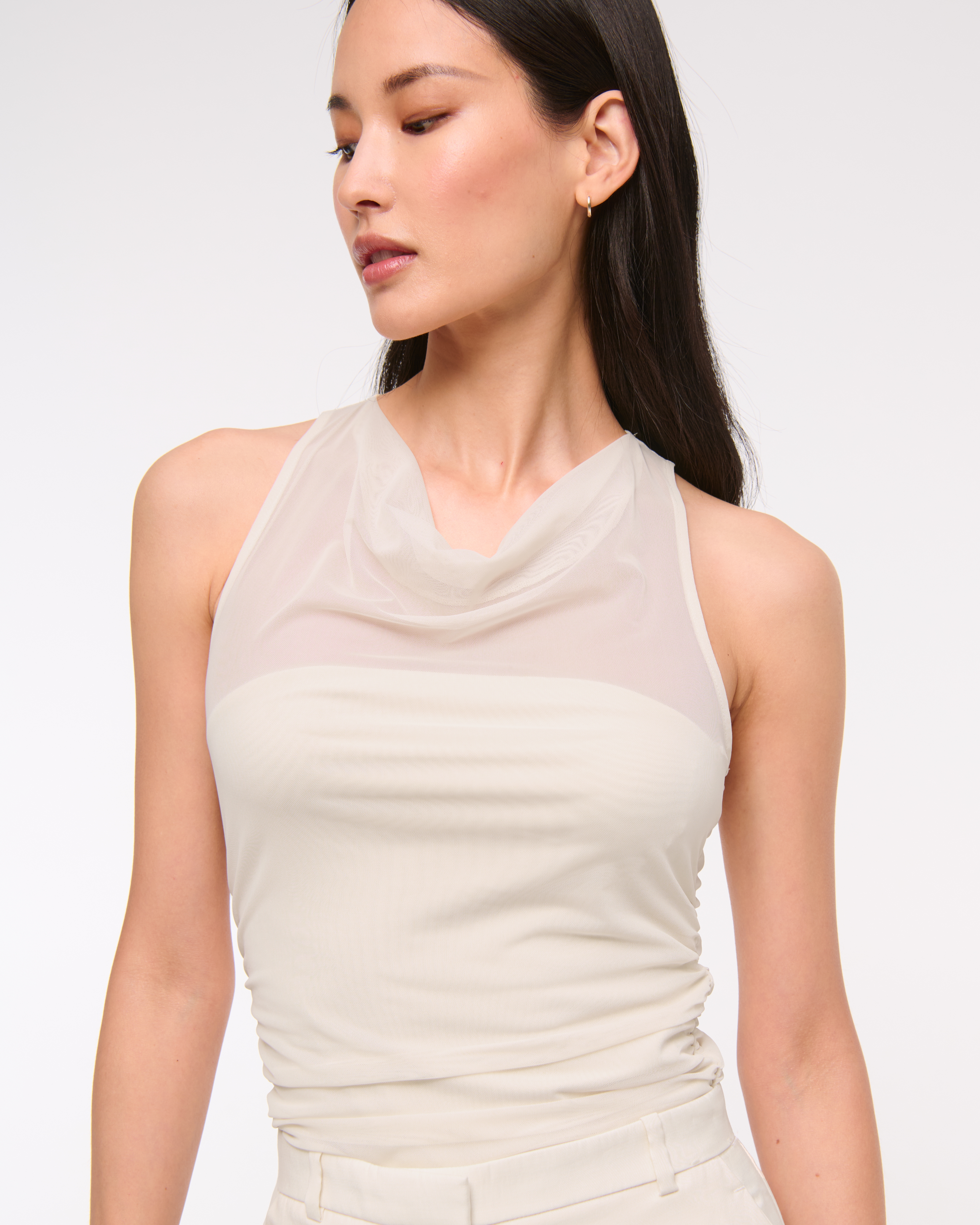 Abercrombie & Fitch Mesh Cowl Neck Bodysuit In Neutral