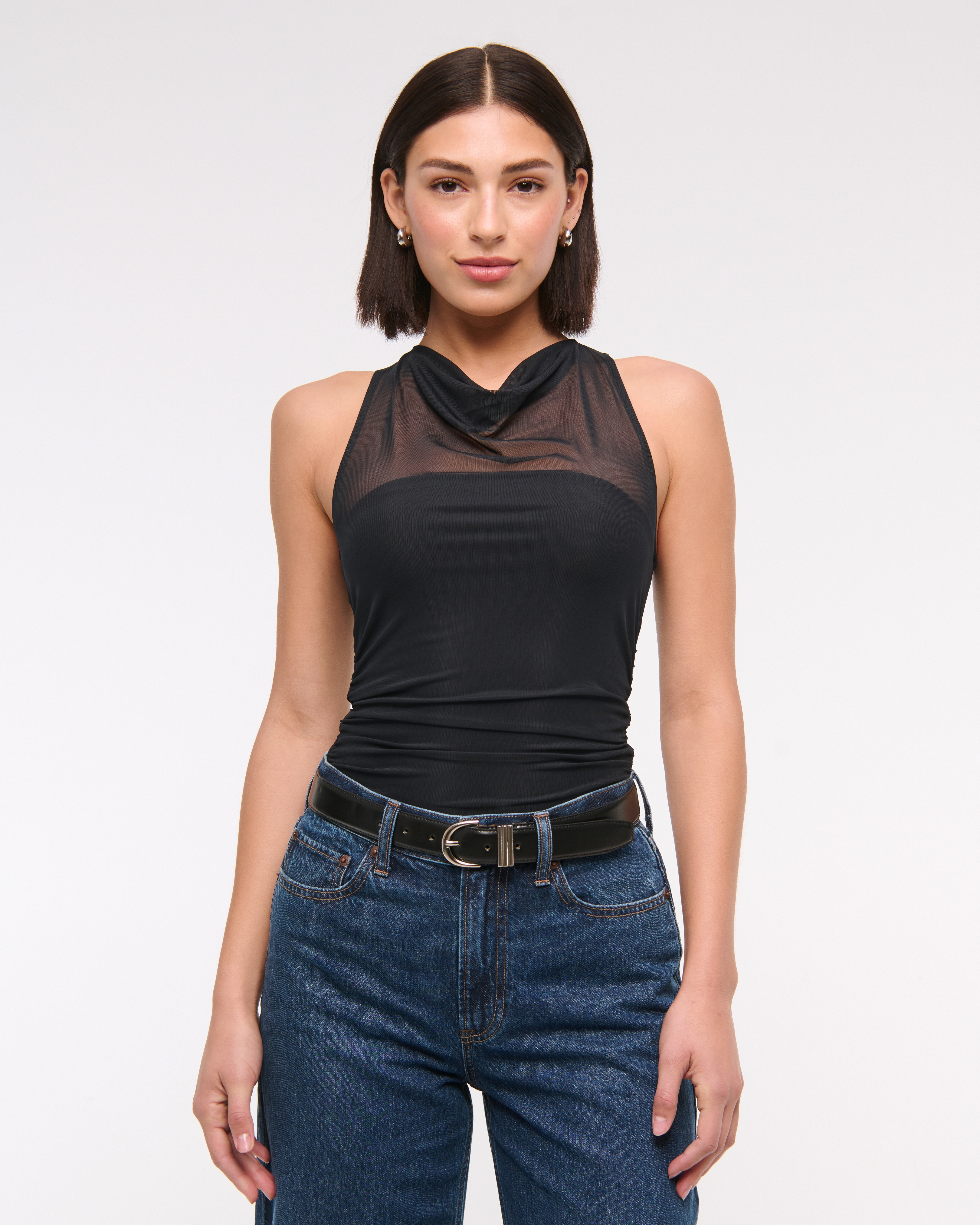 Abercrombie & Fitch Mesh Cowl Neck Bodysuit In Black