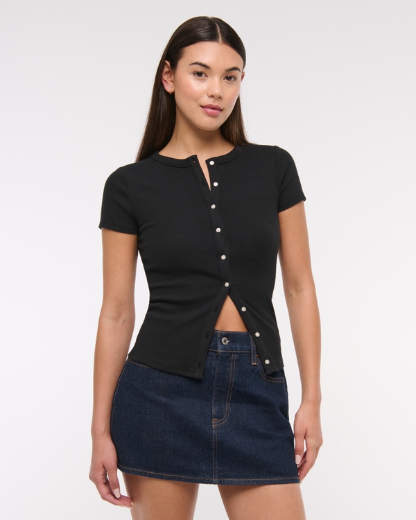 Ribbed Button-Through Top, Black view 1