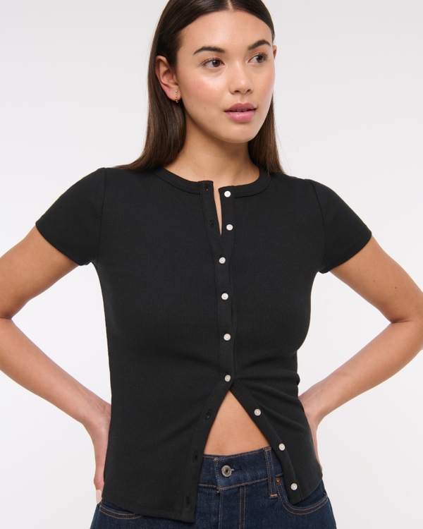 Ribbed Button-Through Top, Black view 2