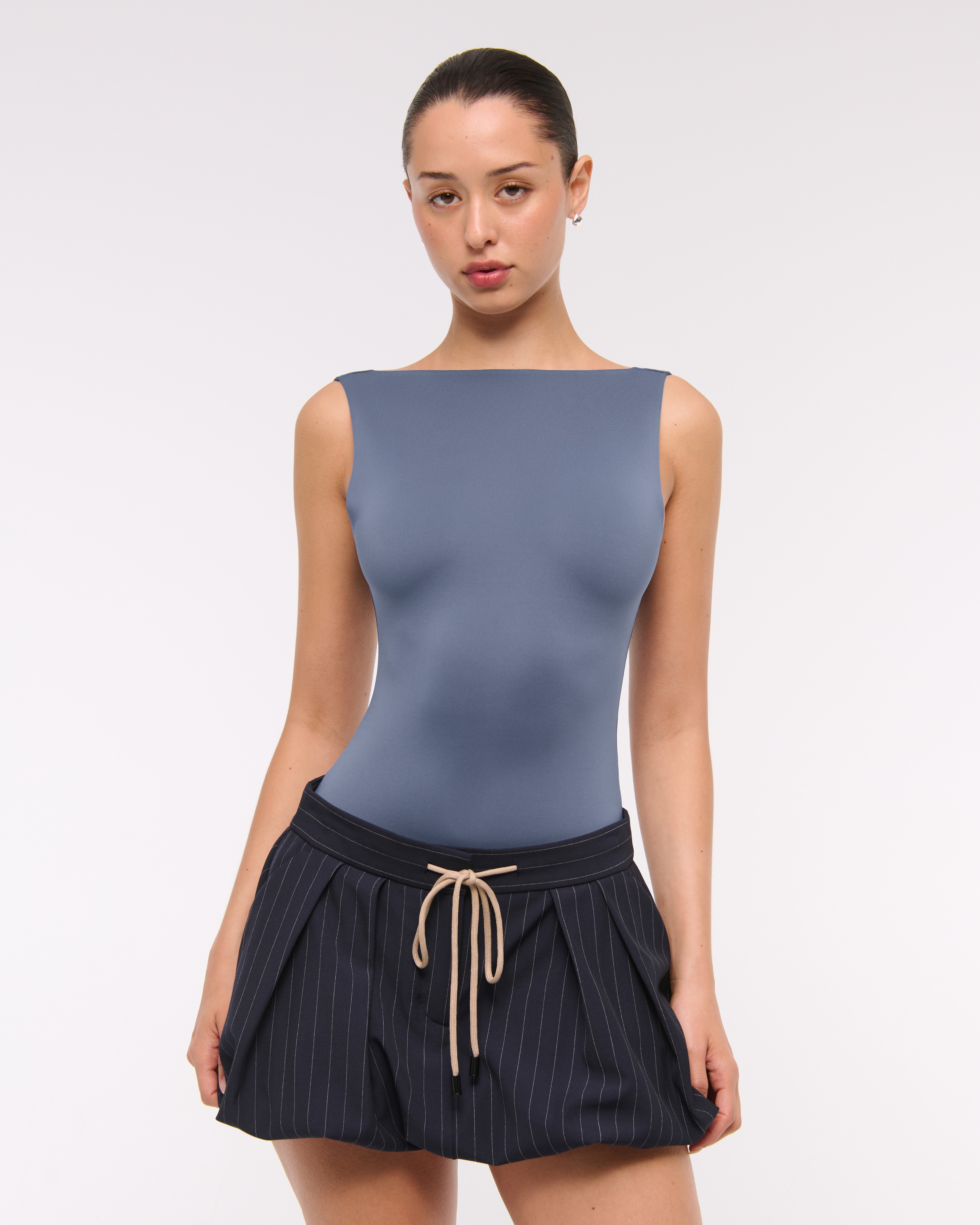 Abercrombie & Fitch Sculpt Matte Seamless Slash Scoop-back Bodysuit In Blue