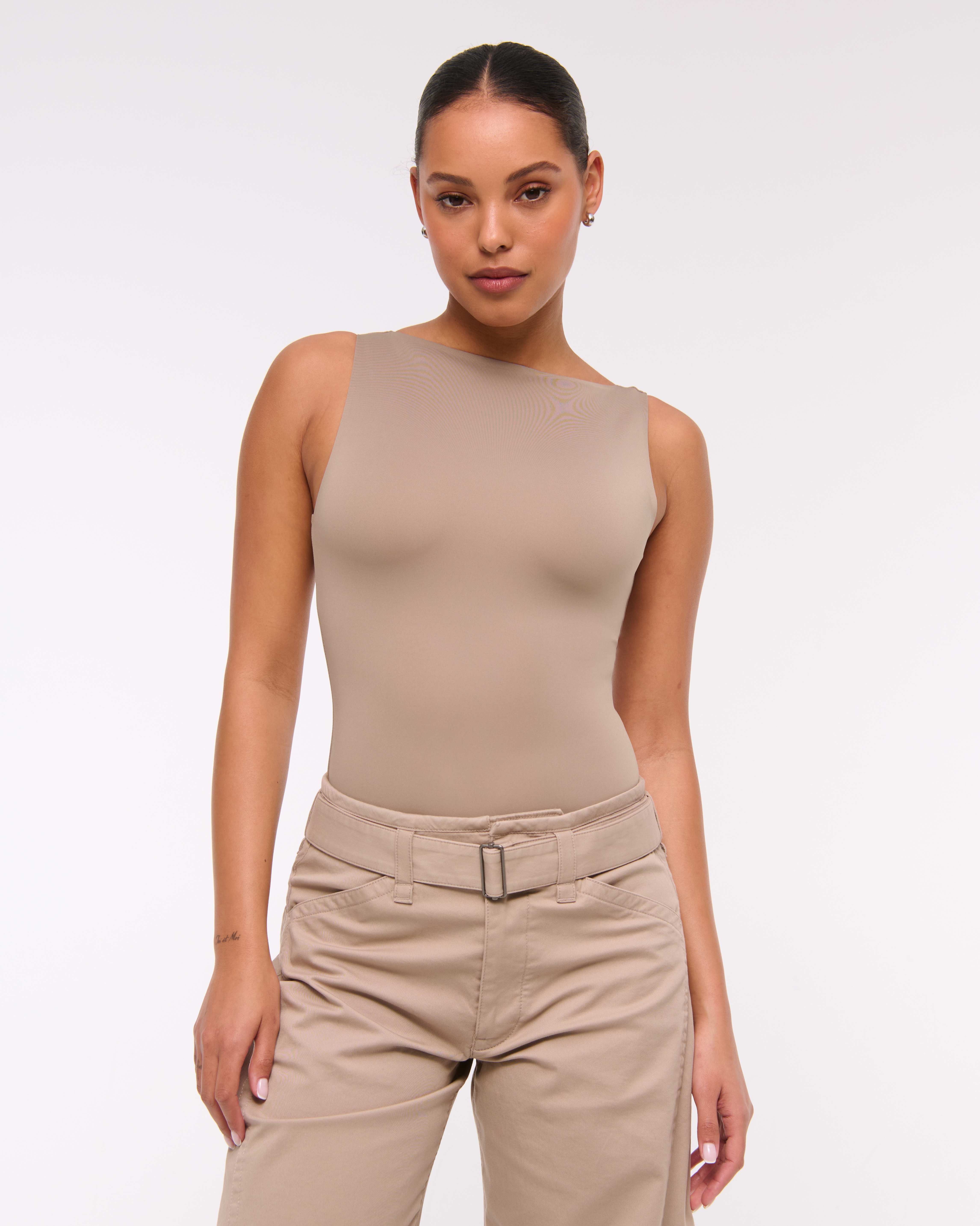 Abercrombie & Fitch Sculpt Matte Seamless Slash Scoop-back Bodysuit In Neutral