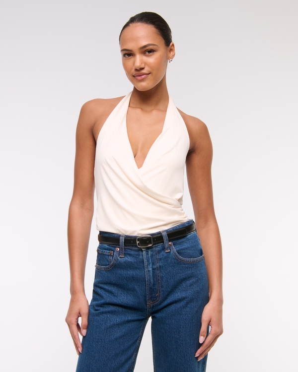 Draped Plunge Bodysuit, Cream view 1