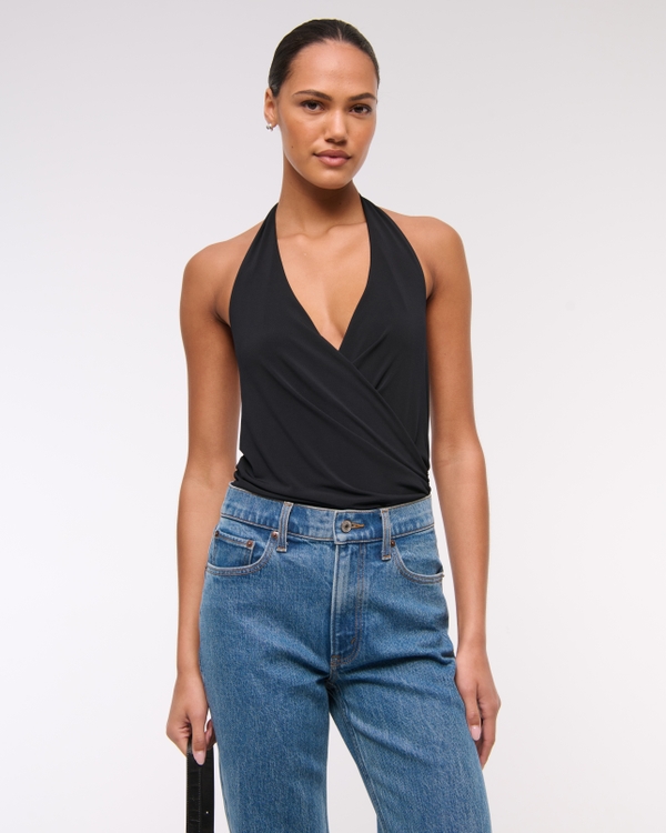 Draped Plunge Bodysuit, Black view 1