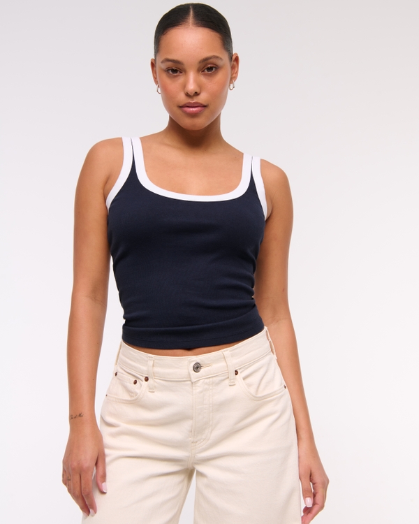 Vintage-Style Rib Tuckable Scoopneck Tank, Dark Indigo view 1