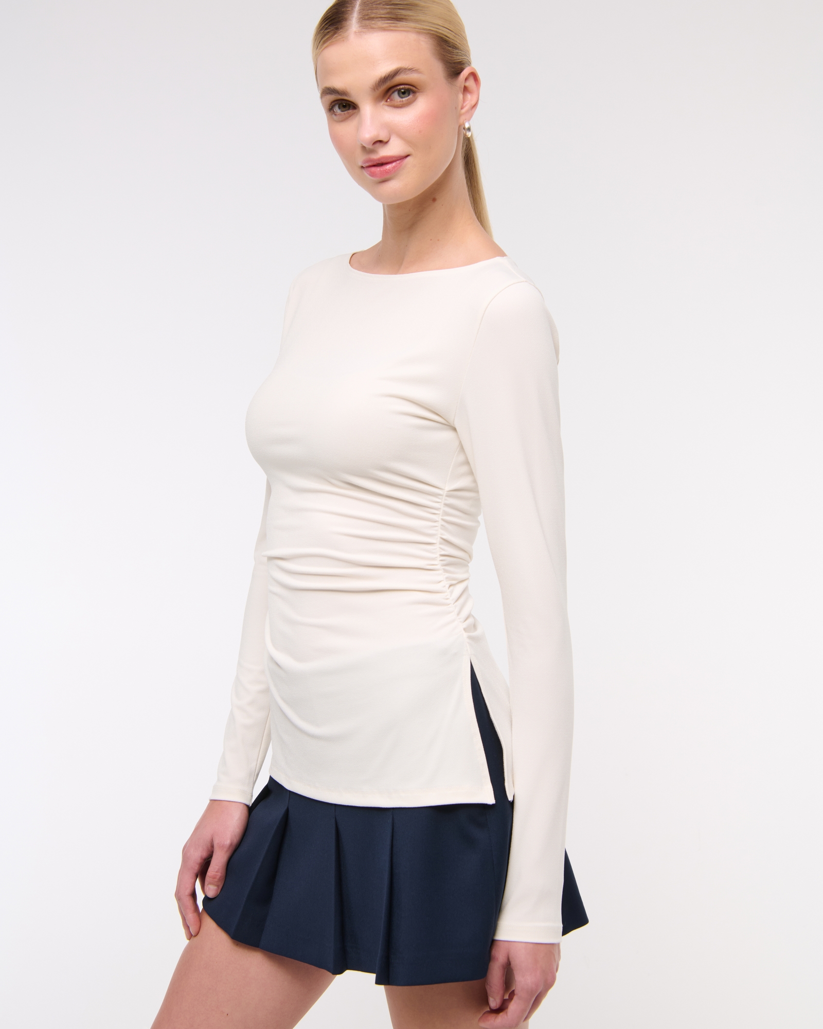 Long-Sleeve Stretch Crepe Slash Top