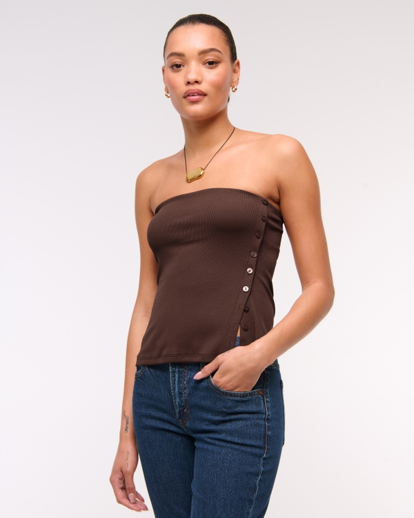 Side-Button Tube Top, Brown view 1