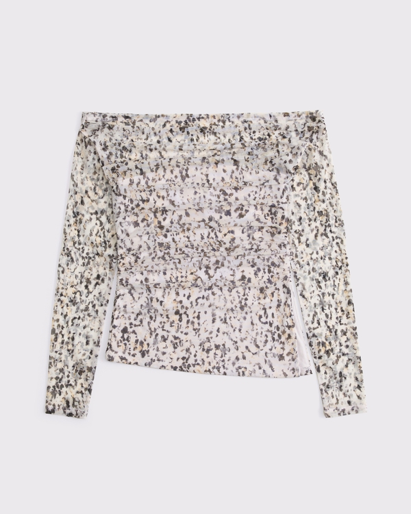 Off-The-Shoulder Draped Mesh Top, Light Brown Leopard Print view 1