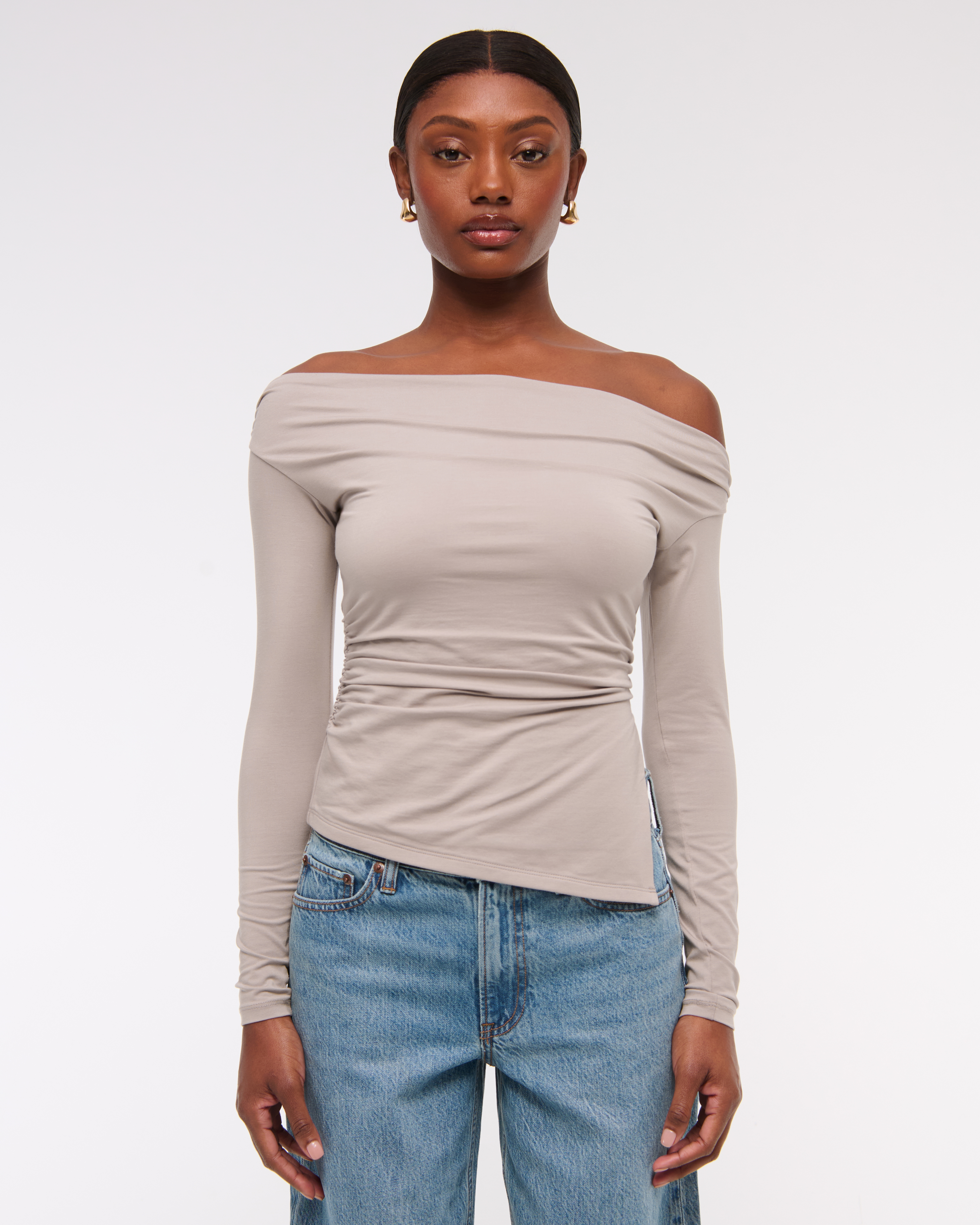 Abercrombie & Fitch Off-the-shoulder Draped Top In Neutral
