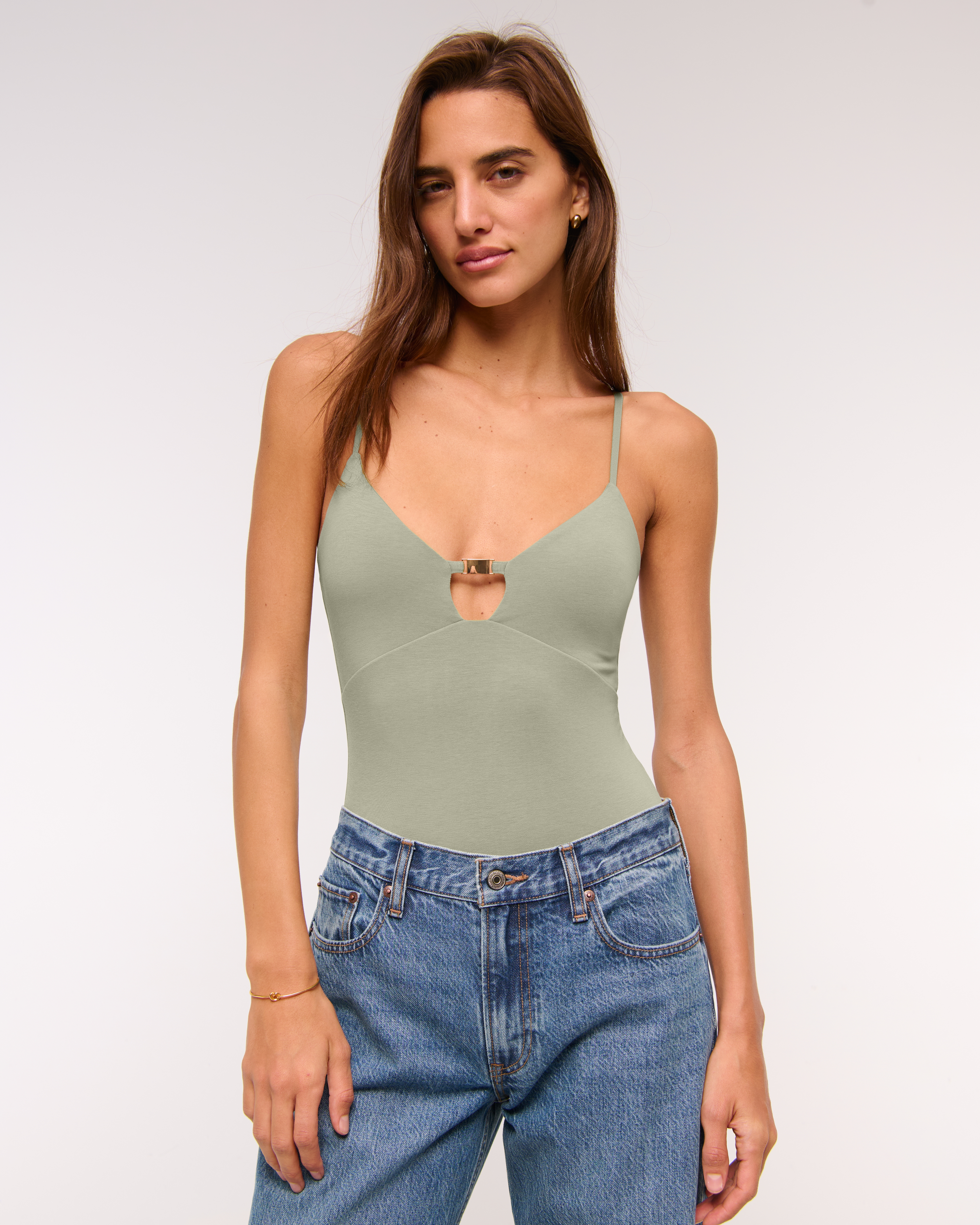Abercrombie & Fitch Bra-free Hardware Cutout Bodysuit In Green