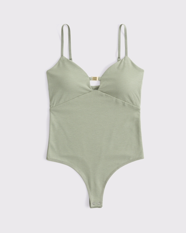 Bra-Free Hardware Cutout Bodysuit, Olive Green view 1