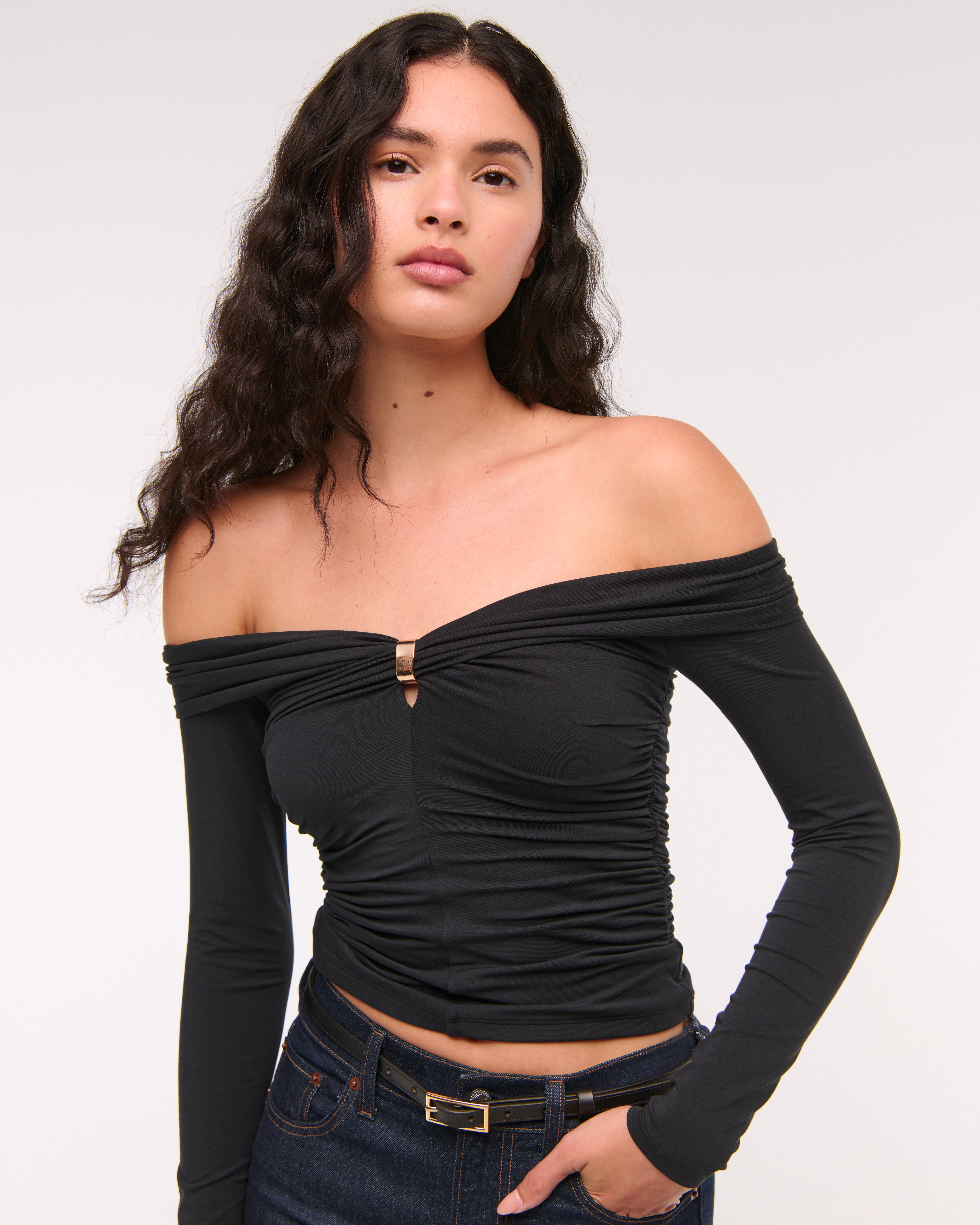 Abercrombie & Fitch Off-the-shoulder Hardware Top In Black