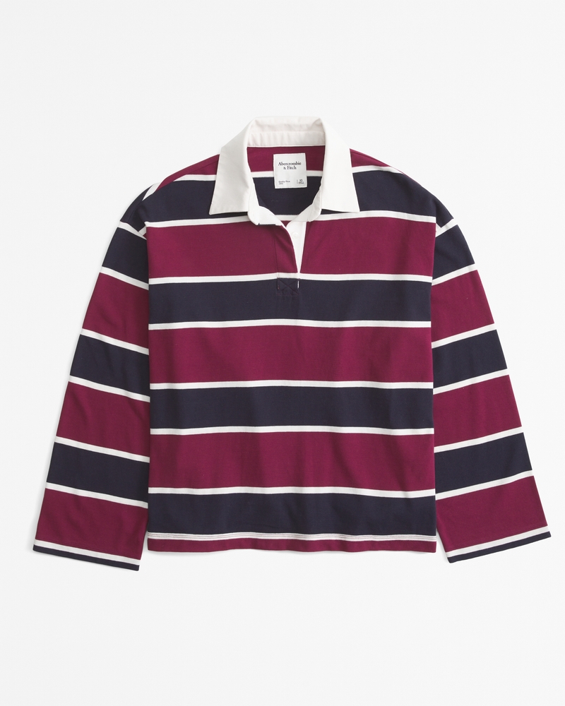 Women s Long Sleeve Rugby Polo Top in Burgundy Stripe Size S Abercrombie Fitch