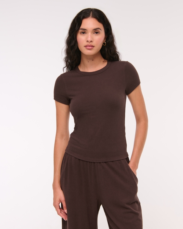 Short-Sleeve Cozy Lounge Knit Tee, Dark Coffee view 1