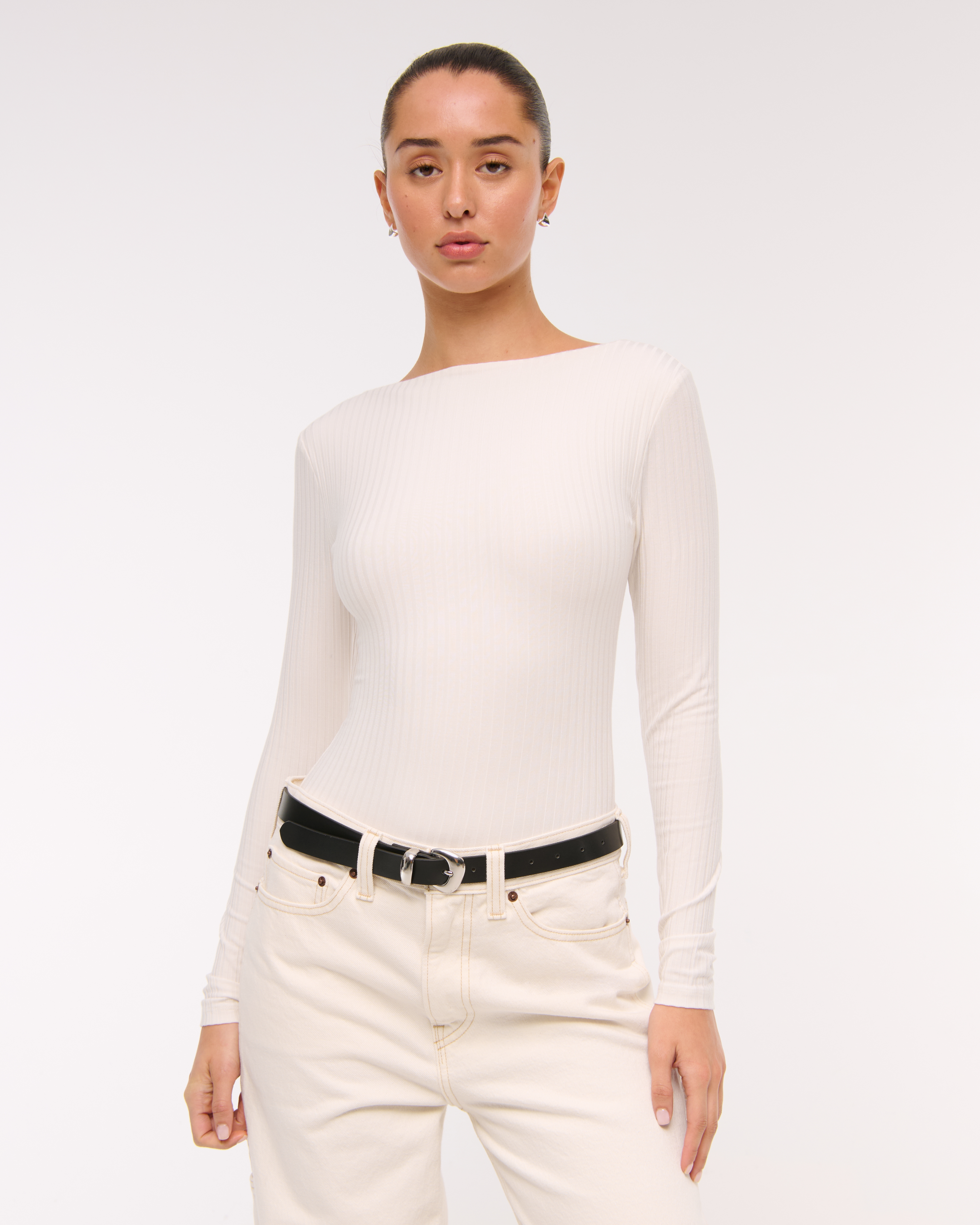 Abercrombie & Fitch Long-sleeve Wide Rib Slash Bodysuit In White