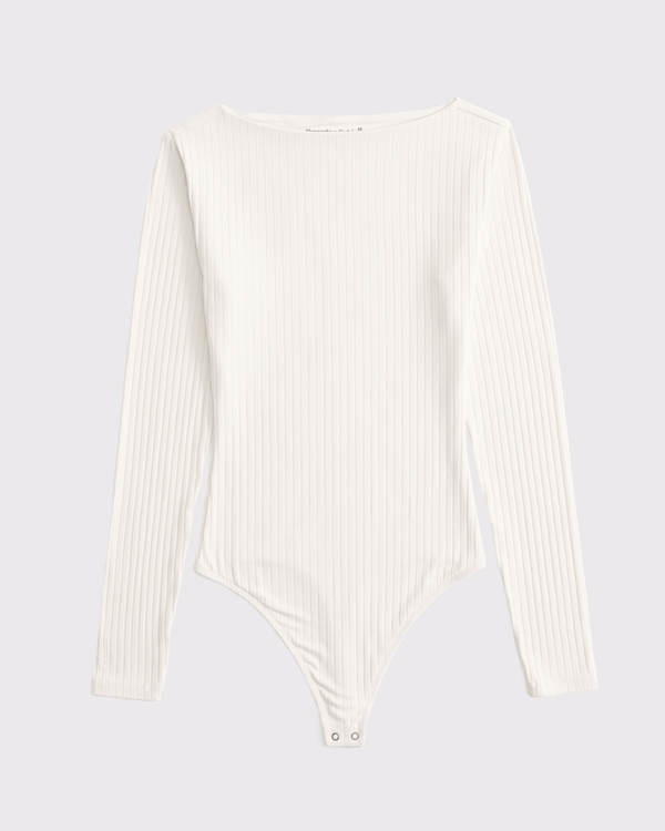 Long-Sleeve Wide Rib Slash Bodysuit, Cream view 1