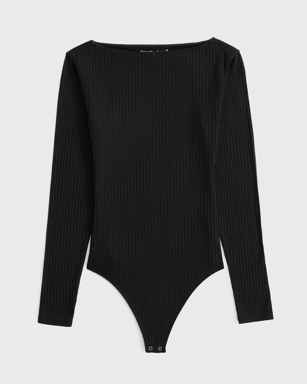 Long-Sleeve Wide Rib Slash Bodysuit, Black view 1