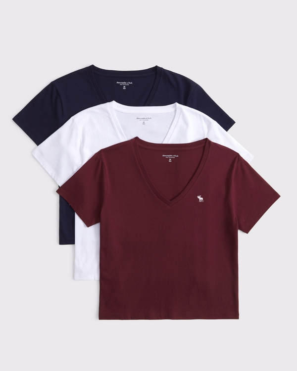 3-Pack Short-Sleeve Icon V-Neck Tees, Burgundy-white-navy view 1