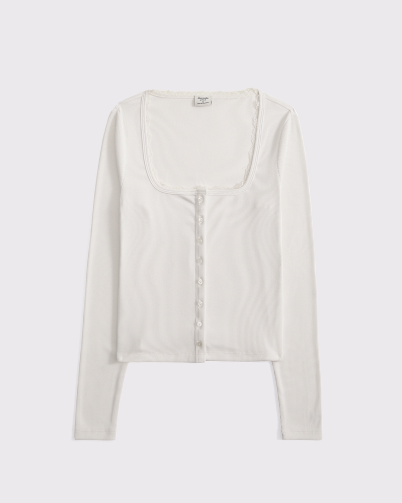 Long-Sleeve Rib Icon Button-Through Top